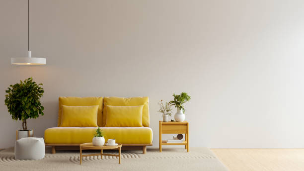 istock Mockup wall in  cozy living room features a yellow couch and modern decor- 3D rendering 2164892817