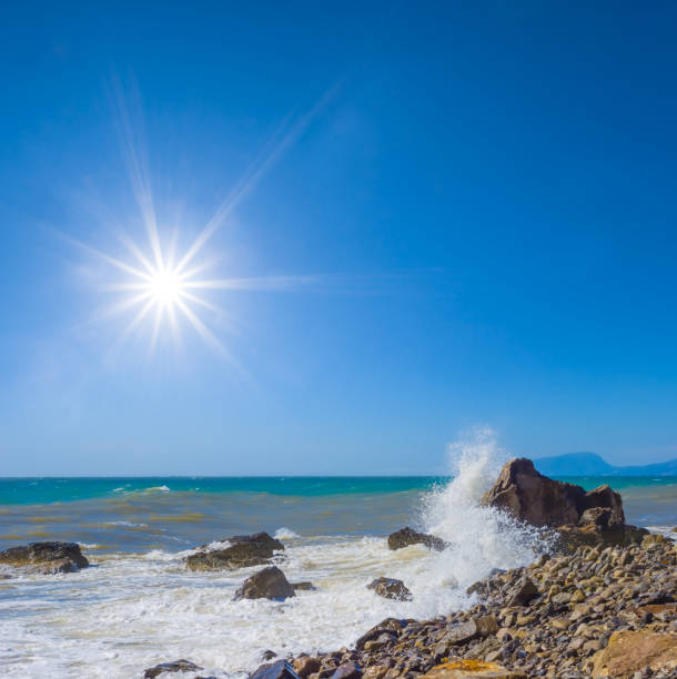 stony stormy sea coast at the summer sunny day