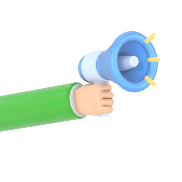 istock Cartoon Gesture Icon Mockup.3d hand holding yellow megaphone realistic icon, 3D rendering on white background. 2164898536