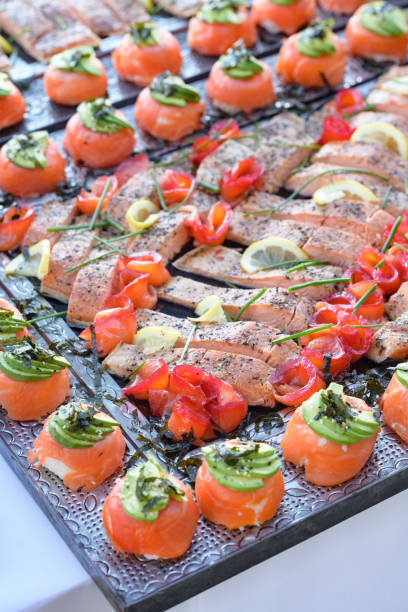 Fish buffet with salmon and sushi ready to be served