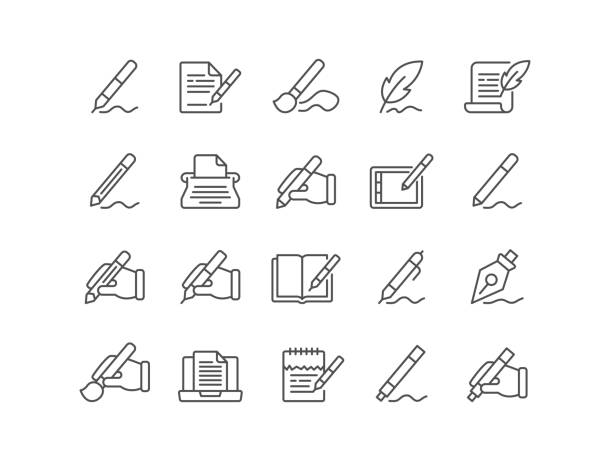Writing and Drawing Icons Writing, Pen, Signature, Hand, Author, Pencil, Feather, Icon Set, Icon, Editable Stroke, Outline holding feather stock illustrations