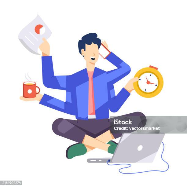 Character Based Flat Illustration Of Multitasking Man Stock ...