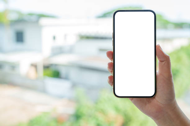 istock Blank mobile background, Hand holding white screen smart phone. 2164904289