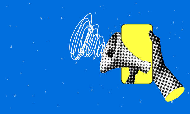 Collage with hand holding a phone with megaphone sticking out of the screen Halftone hand holding a phone with loudspeaker sticking out of the screen. Retro style megaphone announces sale. Online shopping concept. Advertising banner with bullhorn and copy space protruding stock illustrations
