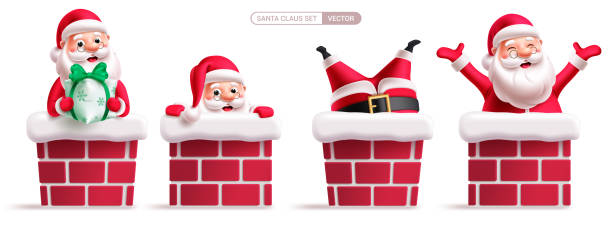 istock Christmas santa Claus characters vector set design. Santa claus character holding gift box, waving, smiling and happy inside the chimney collection. 2164906063