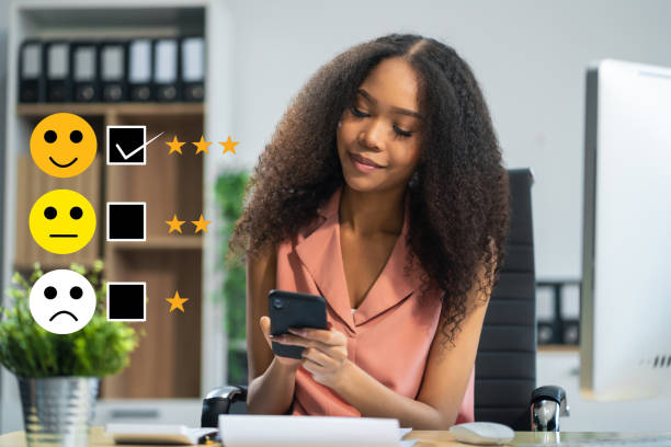 istock Happy Client customer experience concept. Woman recording phone inquiry with checkboxes, smiling face rating excellent for satisfaction survey. 2164911136
