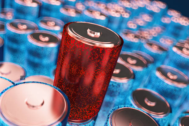 Red Lithium-Ion Battery with Blue Battery Cells. Solid State Battery for EV Electric Vehicle. 3D Render