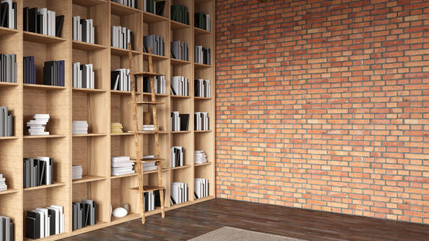 Wooden Library with an Empty Brick Wall