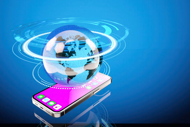 Smart Internet of Things, Network HUD and Globe on Smart Phone. 3D Render