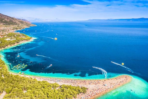 Aerial view of splendid beach Zlatni Rat, croatian travel places and attraction.