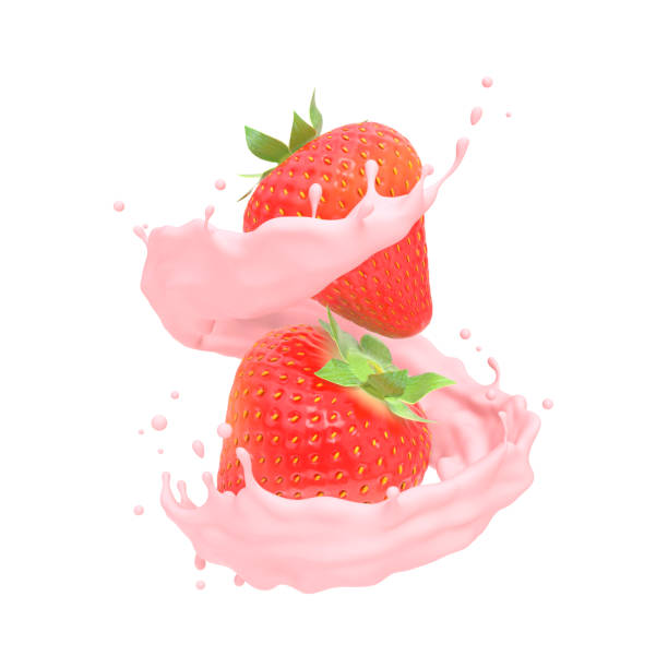 istock Milk or yogurt splash with strawberries isolated on white background,Clipping path, 3d rendering 2164924249