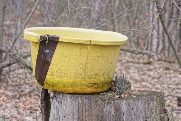 one old yellow dirty plastic basin stands on a gray stump in nature on the street
