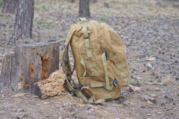 istock one brown army backpack standing on a earth and stump 2164925587