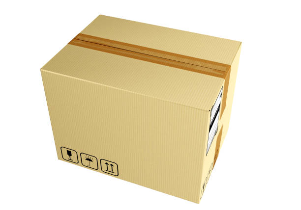 Cardboard box. Package with FBS sticker. Box sealed with tape isolated on white. Parcel containing fragile goods. Cardboard container from delivery. Box for transportation and storage. 3d image