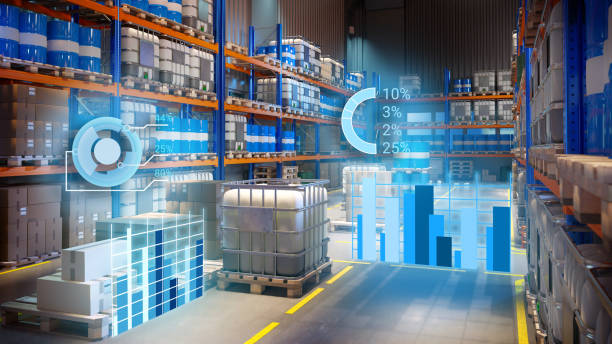 istock Futuristic warehouse technologies. Storage center with virtual schedules. Futuristic warehouse area. Innovations in logistics industry. Modern warehouse. AI accounting for storehouse. 3d image 2164933547