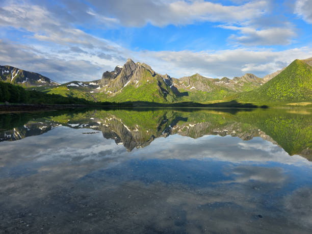 istock Lush Green Mountains Reflecting in Serene Lake Under a Beautiful Norwegian Sky 2164933603
