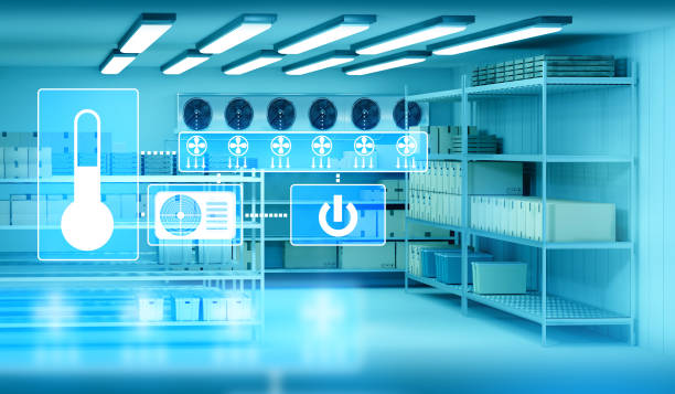 Industrial refrigerated warehouse. Room with freezing equipment. Storage with sub-zero temperatures. Refrigerated warehouse for freezing products. Industrial freezer with virtual buttons. 3d image