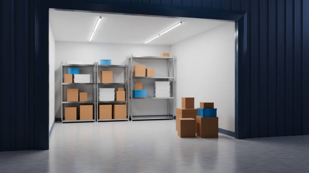 istock Storage room. Warehouse with cardboard boxes. Storage room with open gate. Storeroom inside industrial enterprise. Large storage room with shelving. Place for long-term safekeeping. 3d image 2164933763