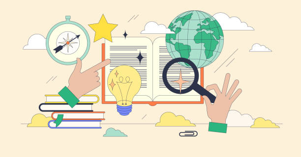 стокові ілюстрації на тему вивчення книг для освіти та знань концепція нейбруталізму крихітної людини - енциклопедія