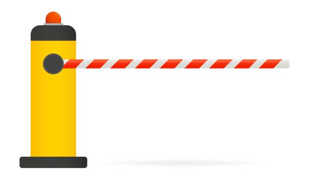 istock Red and white barrier on a yellow stand with red light. Checkpoint, Restricted entry, closed access, private parking for official transport, paid, car park, document check. Vector illustration 2164938984