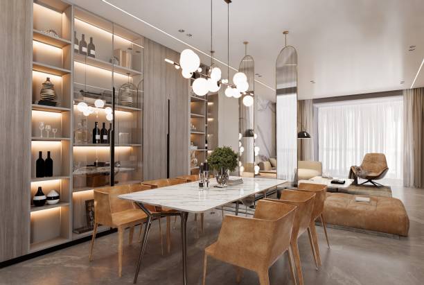 istock A modern living room with a large dining table and chairs.3D illustrator 2164946081