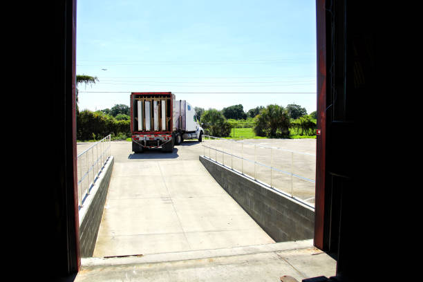 Blur Motion of Workers Unloading Cargo Boxes on Pallet into Container Trucks. Distribution Shipping Warehouse. Delivery Trucks. Shipment Goods. Supply Chain. Supplies Warehouse Logistics Transport.
