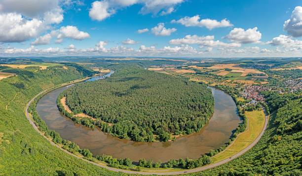 An aerial panoramic view of the river Main loop in Germany with village Urphar