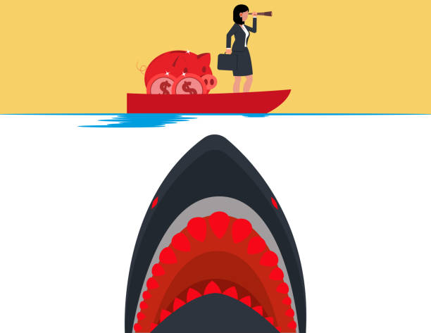 istock Dealing with business crisis, Risk management. Business woman's boat is attacked by a large shark 2164952973