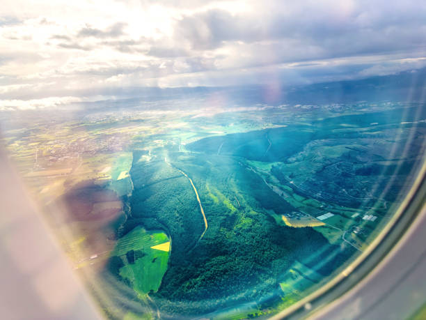 Close up interior shot of commercial airplane window