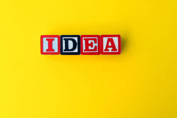 Wooden blocks with word idea on yellow background.