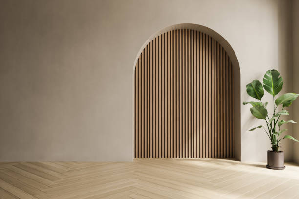istock Empty beige interior room with arch and plant. 3D Rendering 2164954761