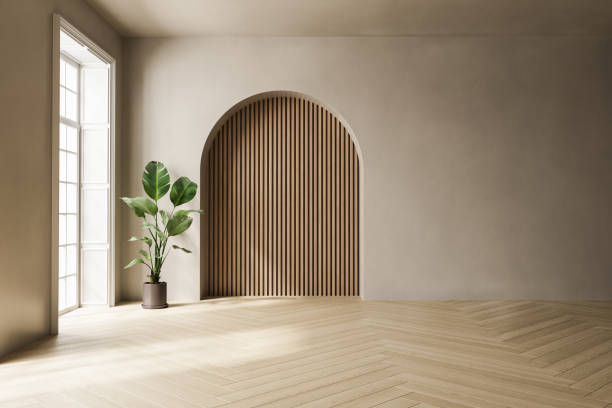 istock Empty beige interior room with arch and plant. 3D Rendering 2164954765