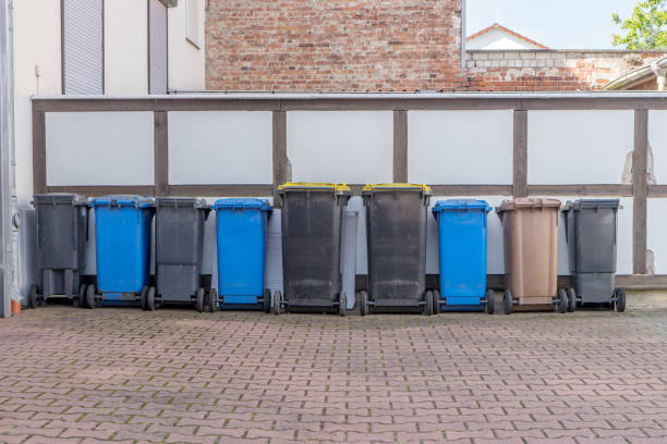 istock Row of gray, brown and blue garbage cans 2164955380