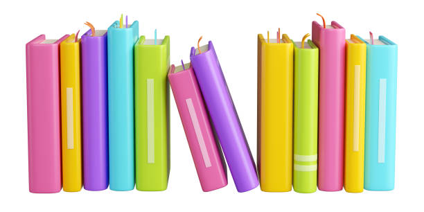 istock Stack of paper vertical standing books with bright hardcover and bookmarks. Cartoon 3d render illustration 2164955788