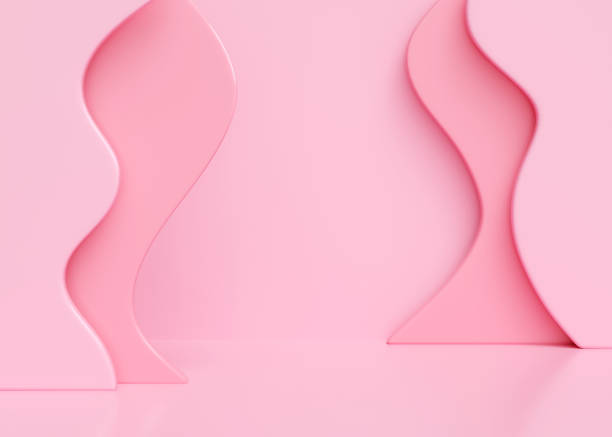 istock Empty pink pastel studio bg with floor and vertical wave decoration wall for product show. 3d render illustration 2164956414