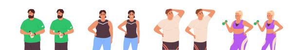 istock Concept of body transformation progress. People before and after losing weight set. Obese men and women change into slim, loss fat with fitness, diets. Flat isolated vector illustrations on white 2164958831