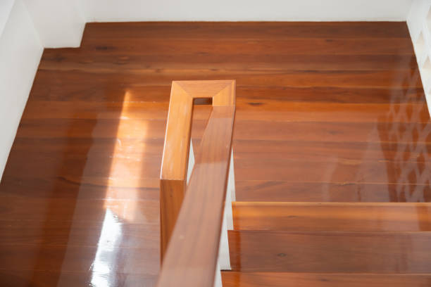 Wooden staircase, full frame horizontal composition with copy space