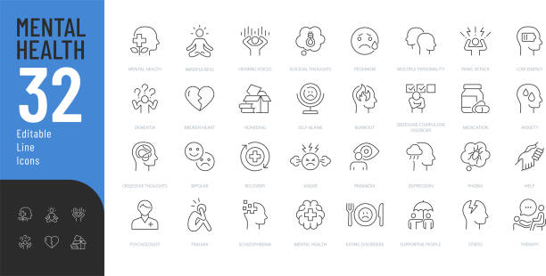 Mental Health Line Editable Icons set. Vector illustration in modern thin line style of psychology related icons: mental disorders, therapy, human emotions, and more. Pictograms and infographics brain eater stock illustrations