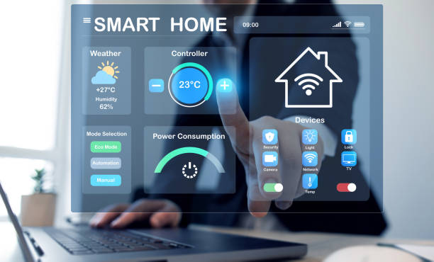 istock Business person using digital dashboard of smart home app for control home appliances. Technology assistant for smart devices,intelligent house or smart home technology. 2164966729