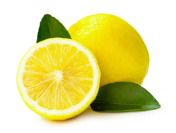 istock Front view of fresh yellow lemon fruit with half and green leaves isolated on white background with clipping path 2164970634