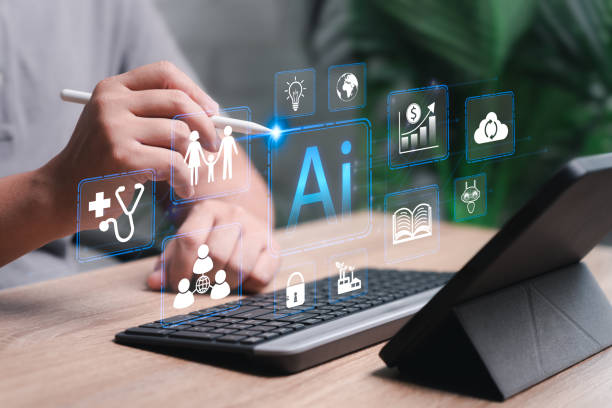 istock AI, Artificial Intelligence and Management concept, A man uses tablets and AI software Generator ideas, Modern thinking with technology Helps solve word problems, Health, Data security, Analysis 2164971569