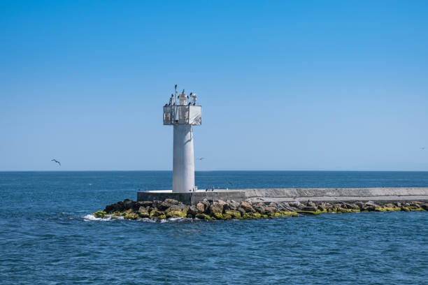 istock Lighthouse on the breakwater. Open sea and blue sky in the background. 2164976378