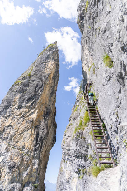 istock Climber ascending ladder on steep mountain trail 2164976815