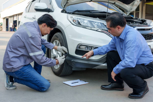 Asian male insurance officer in uniform crouching by vehicle and using smartphone to document bumper damage while client points at specific area. Emphasizes detailed inspection, customer communication oficial de seguros masculino asiático en uniforme agachado junto al vehículo y usando el teléfono inteligente para documentar los daños en el parachoques mientras el cliente señala un área específica. enfatiza la inspección detallada, la comunicaci