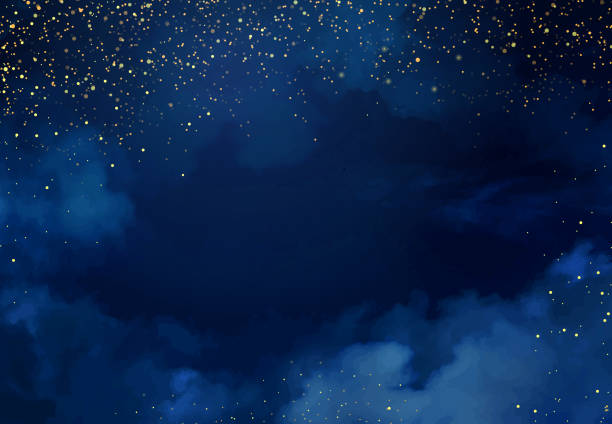 Magic night dark blue frame with sparkling glitter bokeh and light art. Square vector wedding card. Gold confetti and navy background. Golden scattered celestial dust. Fairytale magic star template