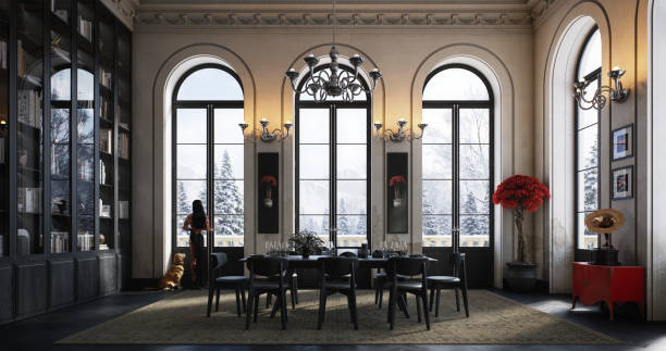 istock Elegant Living Room with Large Arched Windows Overlooking Winter Scenery 2164992829