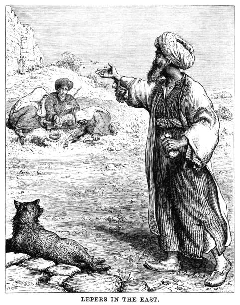 A charitable man throwing coins to a group of leprosy sufferers in the Middle East. From “Cottager and Artisan” for 1872, published in London by the Religious Tract Society.