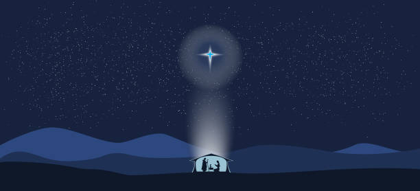 istock Star shines over manger of Jesus Christ. Vector illustration for banner. Christmas design with Jesus, Mary, Joseph, star, manger on a blue background. 2164996722