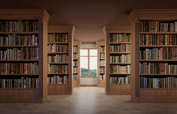 istock Bookshelf in Library with antique books. 3d rendering 2164999137
