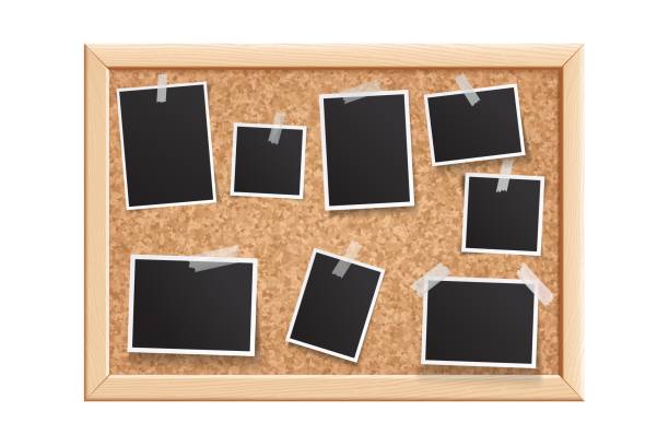 istock Photo frames on cork board. Blank glued photos collage. Mood board, callboard template. Memories snapshot mockup, vintage photography layout. Vector illustration 2164999956